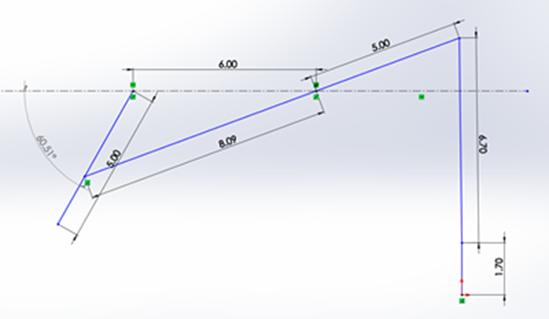 Four-bar mechanism free body diagram and transmission angle analysis showing feasible range
